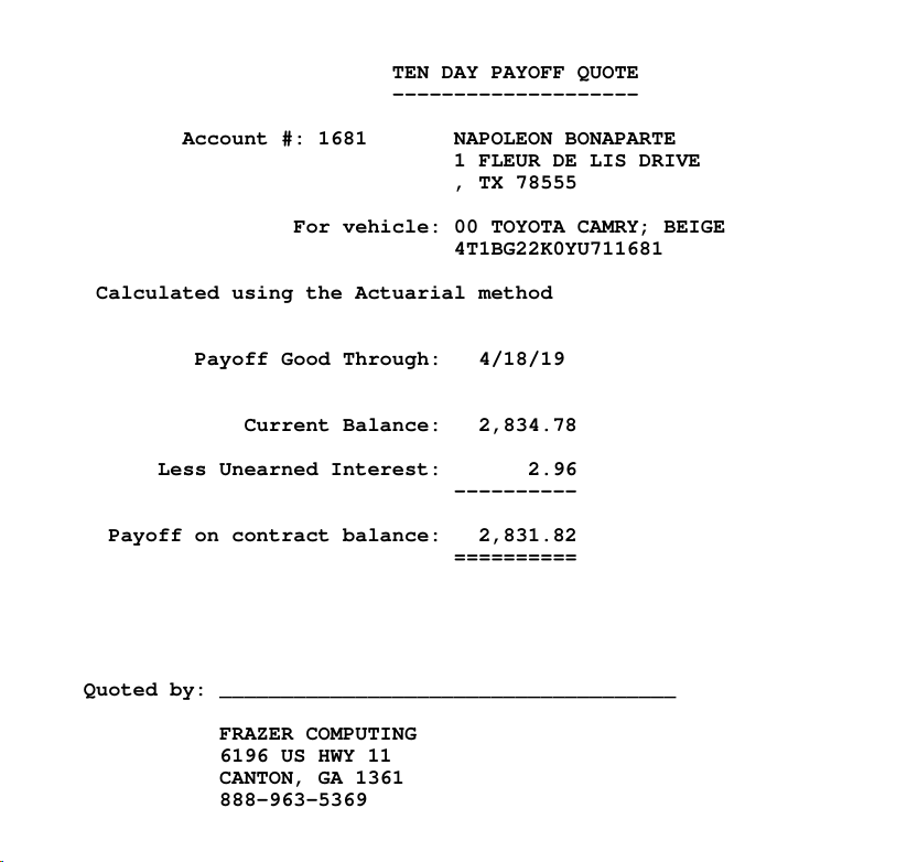 Customers C 1 Customer Activity Early Payoff Amount